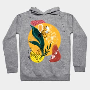 Abstraction. Yellow circle, green leaf. Hoodie